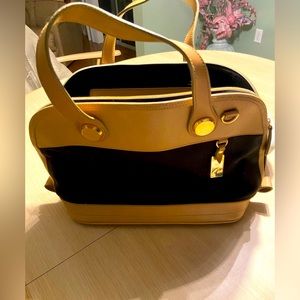 Black Canvas and Tan Leather Handbag 9 high x 13.5 long x 5 deep